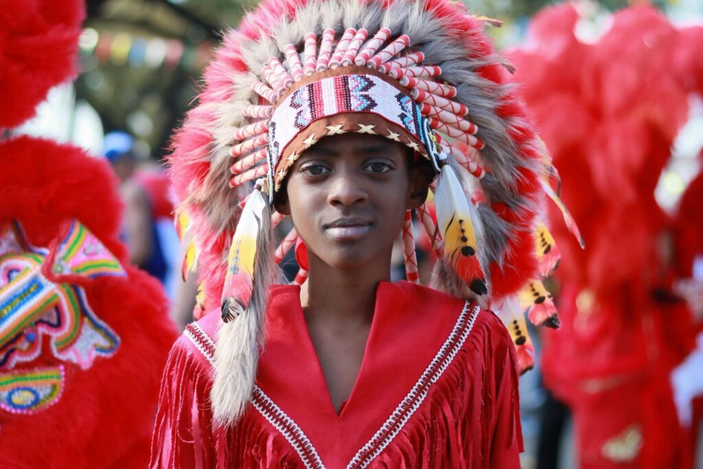 Close-up of detailed Pow Wow regalia and beadwork